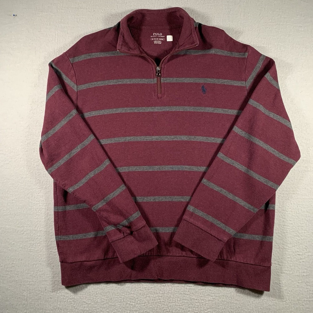 Polo Ralph‎ Lauren Mens 1/4 Zip Sweater Long Sleeve Maroon Red Gray Striped XL